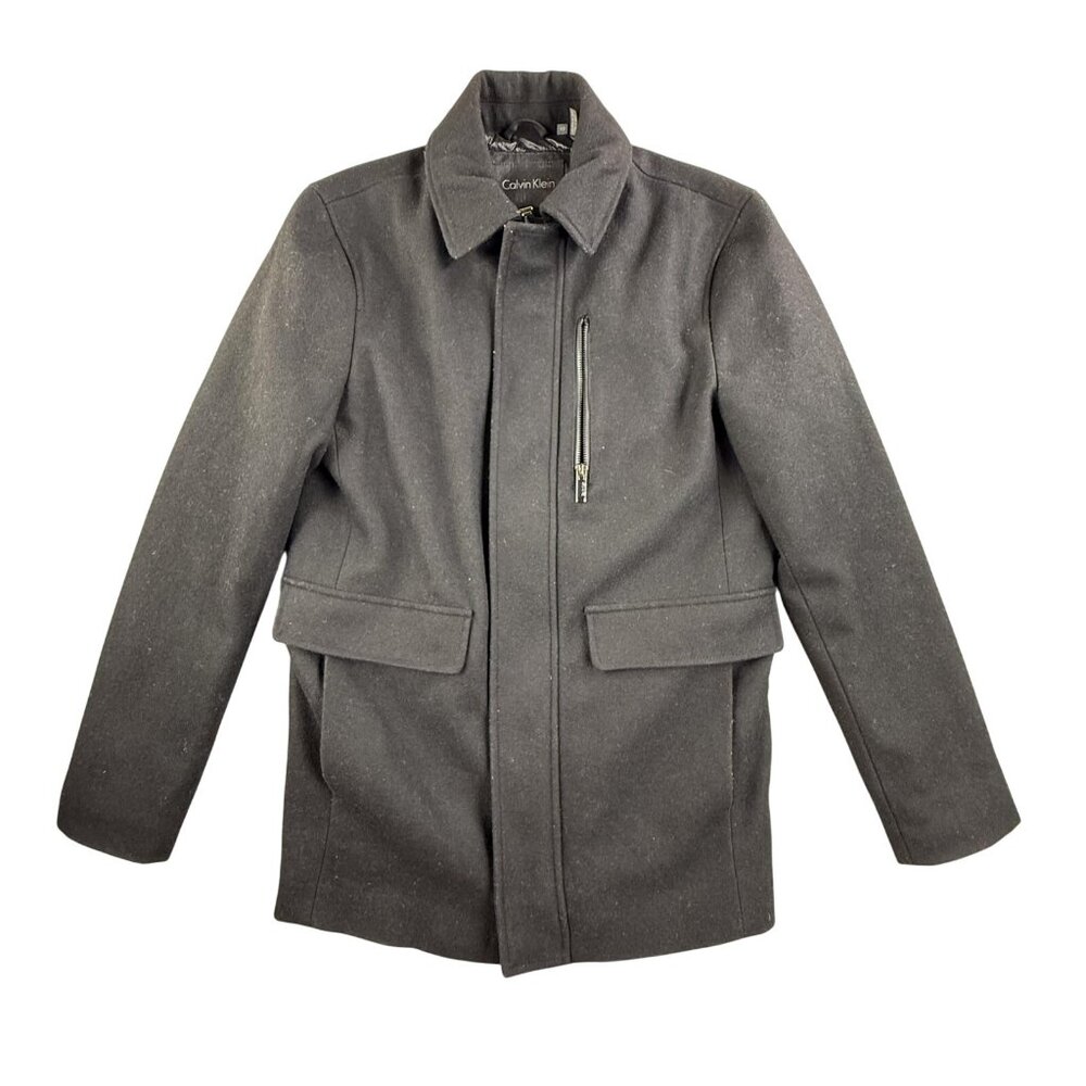 Calvin Klein Jacket Mens XS Black Wool Quilted Lined Zip Pocket Winter Overcoat